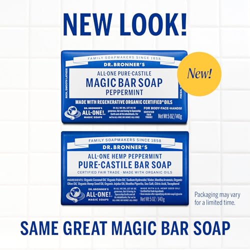 Dr. Bronner’s Peppermint Pure-Castile Soap Bars, 5 oz 2-Pack – Organic, Vegan, Non-GMO, Gentle for Face & Body, Men & Women