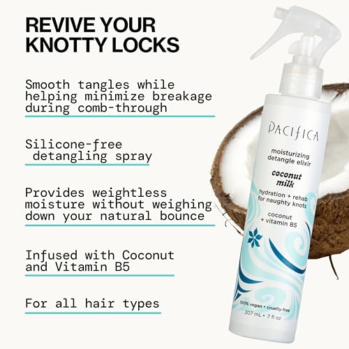 Pacifica Coconut Milk Hair Detangler Spray | Leave-In Conditioner for All Hair Types | Moisturizing, Smoothing & Anti-Frizz Elixir, 207 mL
