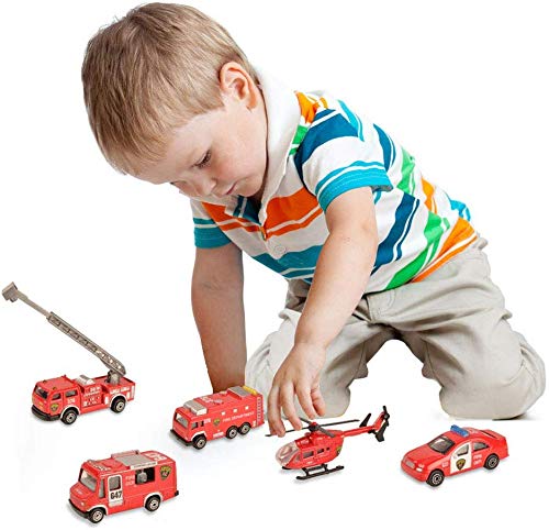 BOHS Fire Department Rescue Vehicles 5-Piece Die-Cast Set: Mini Metal Ladder Truck, Rescue Helicopter, Fire Engine, Patrol Car & Command Center