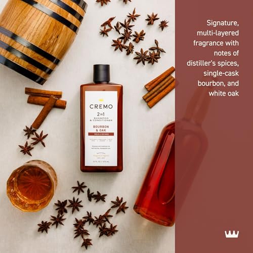 Cremo Bourbon & Oak 2-in-1 Shampoo & Conditioner, Barber Grade Quality That Moisturizes and Cleanses All Hair Types, 16 Fluid Ounce