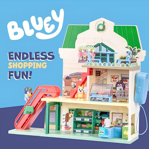 Bluey and Bingo Supermarket Playset with Escalator, Pretend Play Toys for Toddlers, Sounds and 15 Pieces, Grocery Store Playset