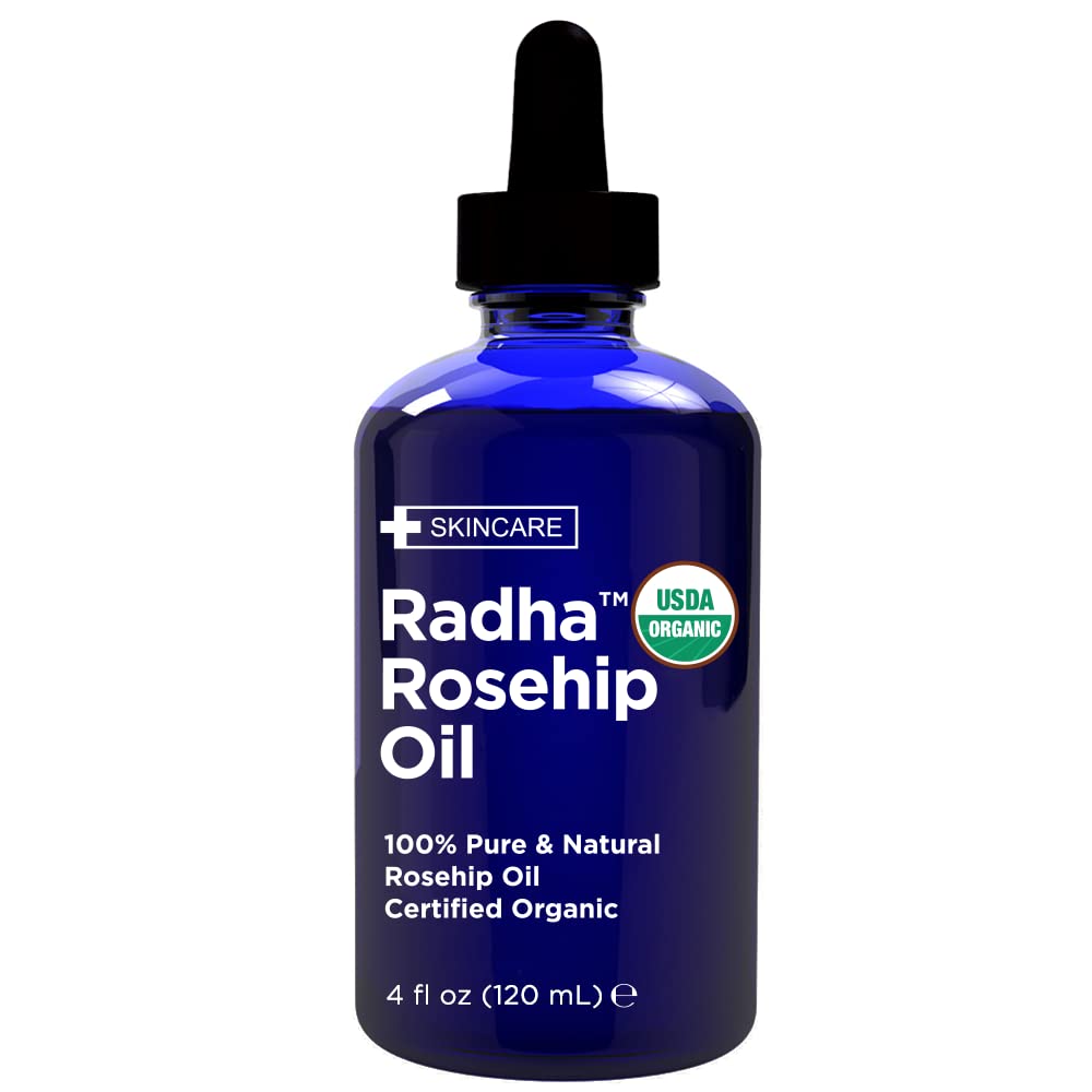 Radha Beauty Organic Rosehip Seed Oil 4 oz – 100% Pure Cold Pressed Carrier Oil for Face, Hair, Skin & Nails – Hydrating & Nourishing