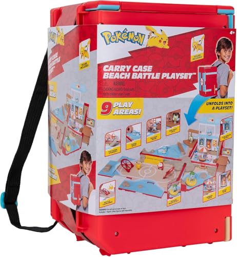 Jazwares Pokémon Carry Case Beach Battle Playset - Portable Transforming Backpack Playset with Action Features and 2-inch Pikachu Battle Figure