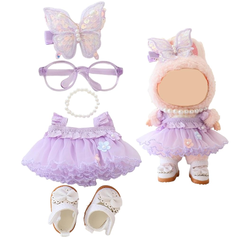 Labubu Doll Clothes Set – 5-Piece Purple Butterfly Tulle Skirt Outfit, Dress-Up Accessories for 15–17cm Dolls
