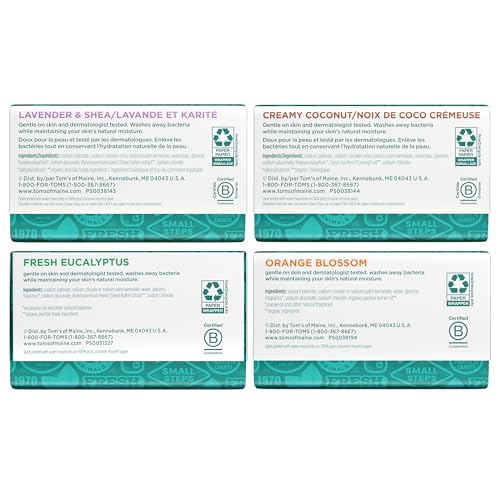 Tom’s of Maine Bar Soap Variety Pack – Natural 5 oz Bars for Women & Men, Lavender & Shea, Eucalyptus, Coconut, Orange Blossom (4-Pack)