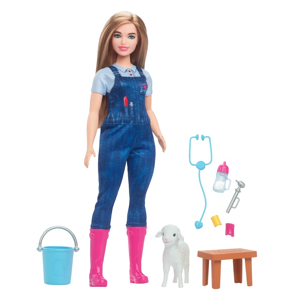 Barbie 65th Anniversary Doll & 10 Accessories, Farm Veterinarian Set with Blonde Vet Doll, Lamb with Moving Ears & More