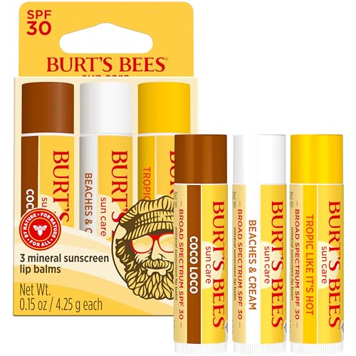 Burt’s Bees SPF 30 Lip Balm Trio, Island Getaway - Coco Loco, Beaches & Cream, Tropic Like It’s Hot, Water-Resistant, 0.15 oz Each