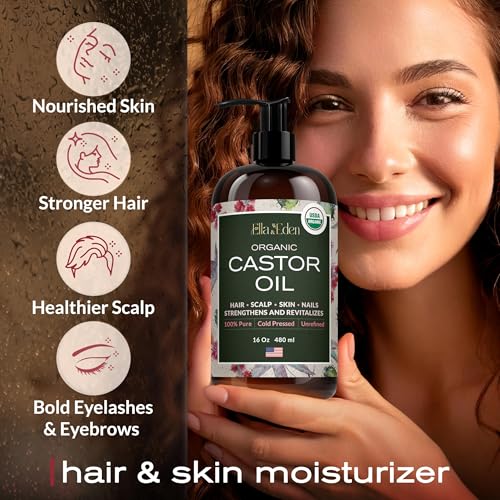 Ella & Eden Castor Oil Organic – Cold Pressed Hexane-Free Unrefined Glass Bottle | For Hair Growth, Face, Skin | USDA Certified 100% Pure – 16 Oz