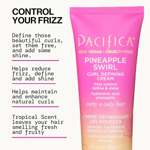 Pacifica Pineapple Swirl Curl Defining Cream – Coconut Oil & Hyaluronic Acid for Bouncy, Soft, Frizz-Free Curly Hair – 4 Oz