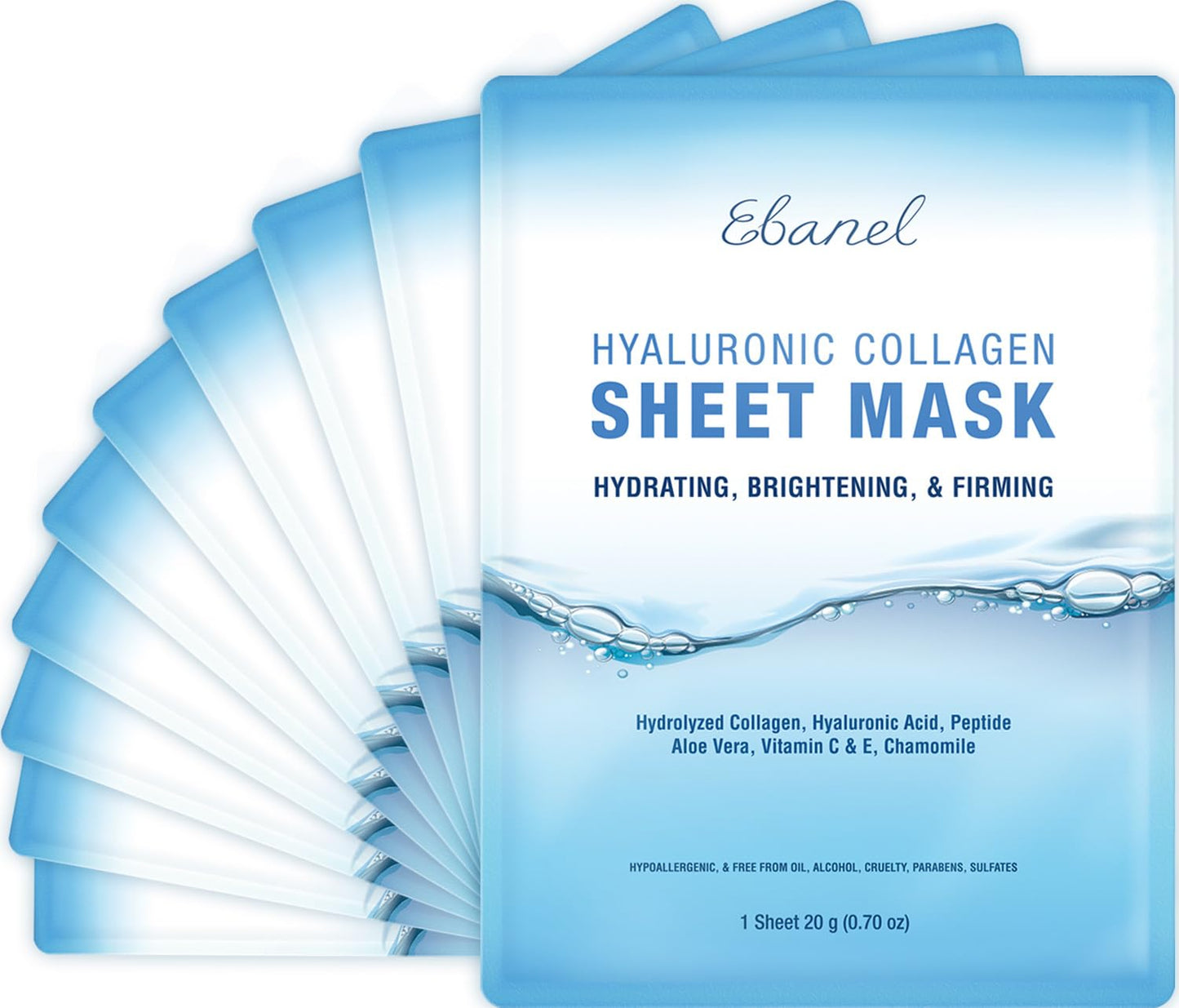 Ebanel 10-Pack Collagen Sheet Masks – Hyaluronic Acid, Vitamin C, Peptides & Aloe for Hydrating, Brightening, Firming & Anti-Aging