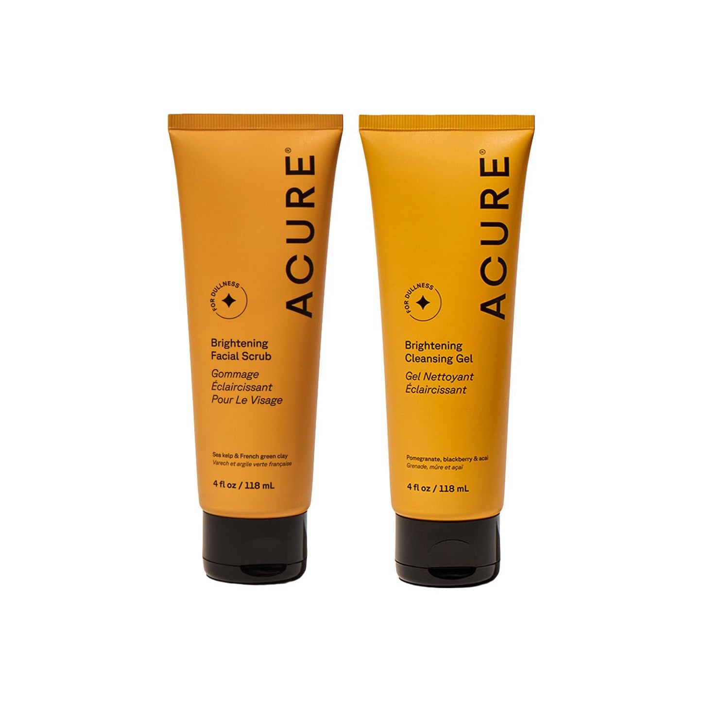 Acure Brightening Facial Scrub & Cleansing Gel 2-Pack – Exfoliating & Gentle Daily Face Wash with Sea Kelp, Pomegranate & Acai, 100% Vegan