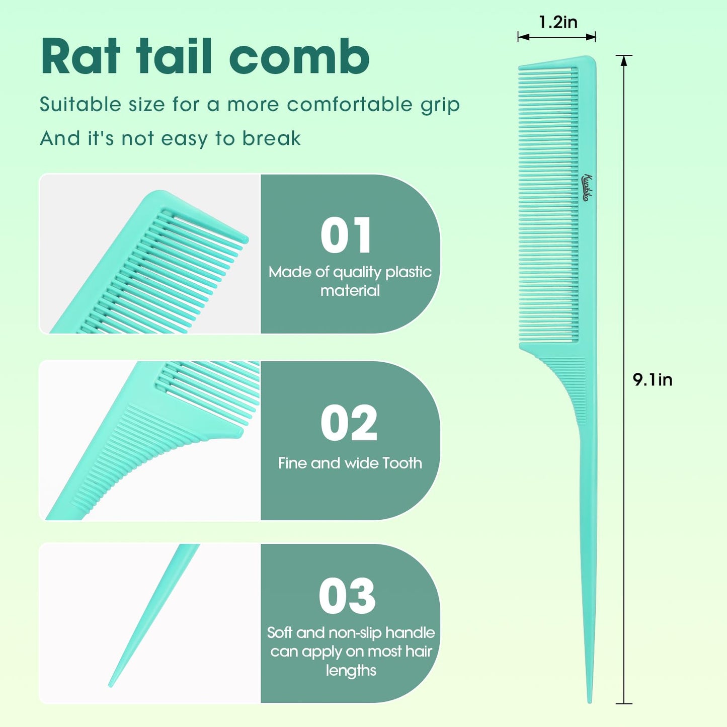 2Pcs Rat Tail Comb Parting Combs for Women, Fine Tooth Parting Tip Carbon Fiber Root Teasing Anti Static Hair Comb for Styling (Green,Black)