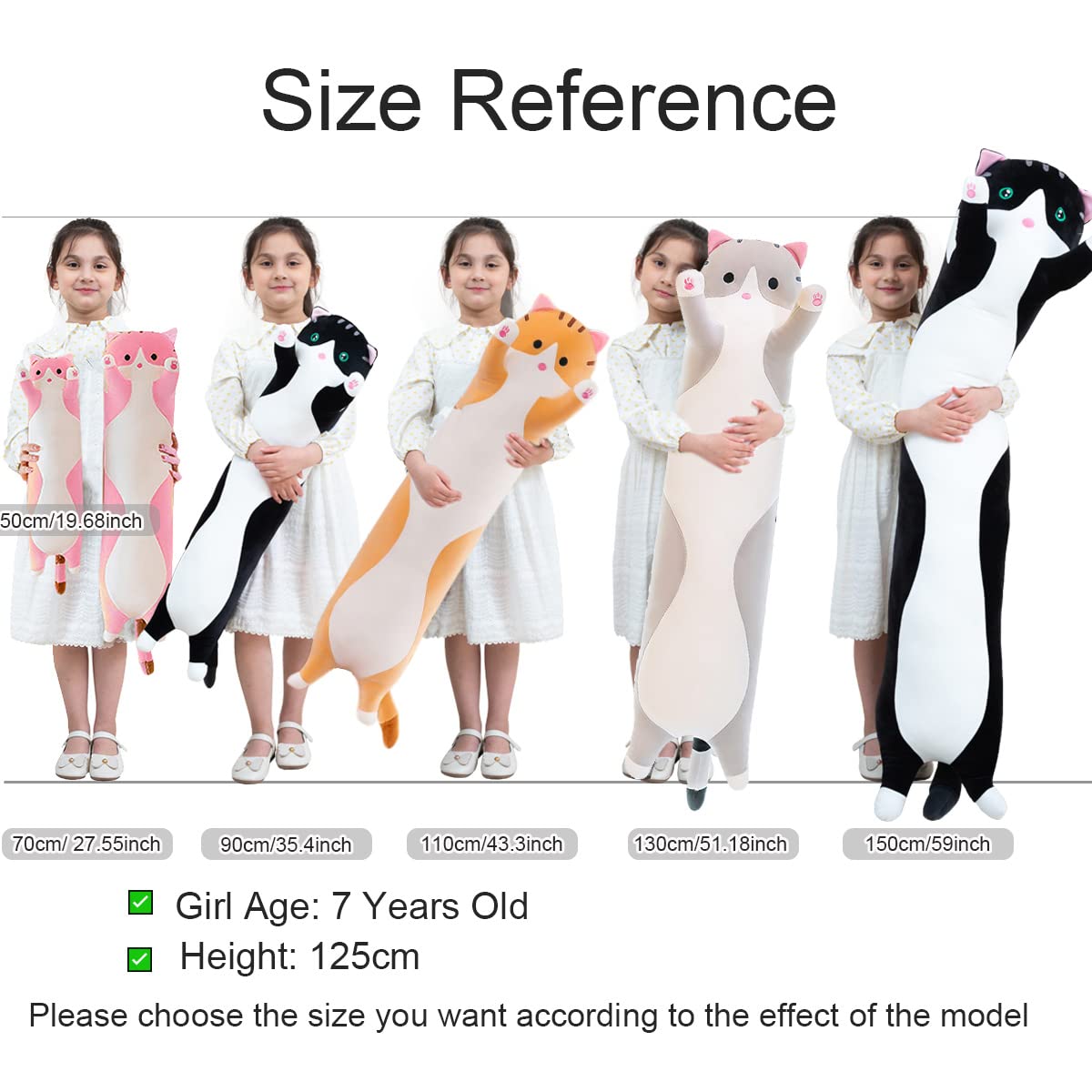 Giant Cat Pillow Plush, Soft Long Kitty Body Hugging Cushion Toy, Cuddly Cartoon Cat Plush Doll for Kids & Girlfriend (Gray, 110cm)