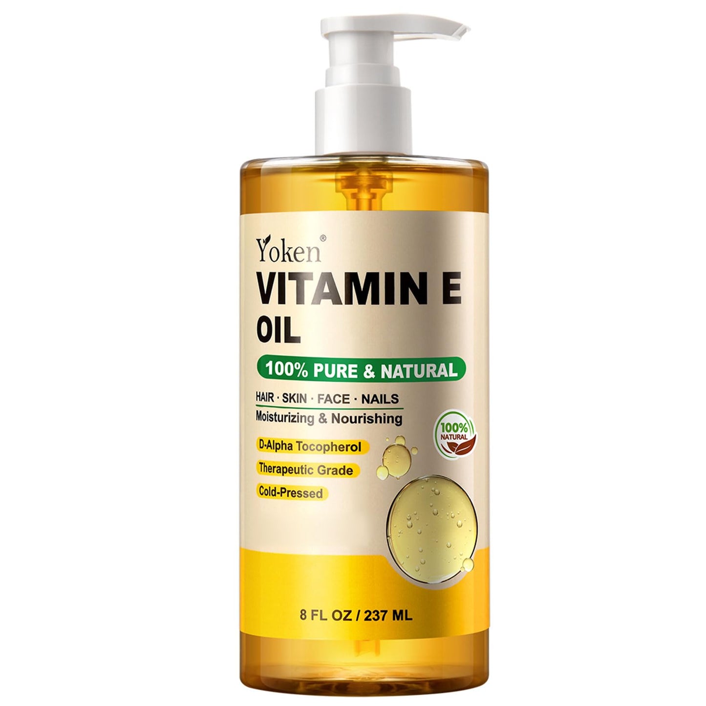 Yoken Organic Vitamin E Oil 8oz – Cold-Pressed, Hexane-Free, Non-GMO, Skin, Hair, Face, Nails, Scars, Scalp, Bath & Body Oil