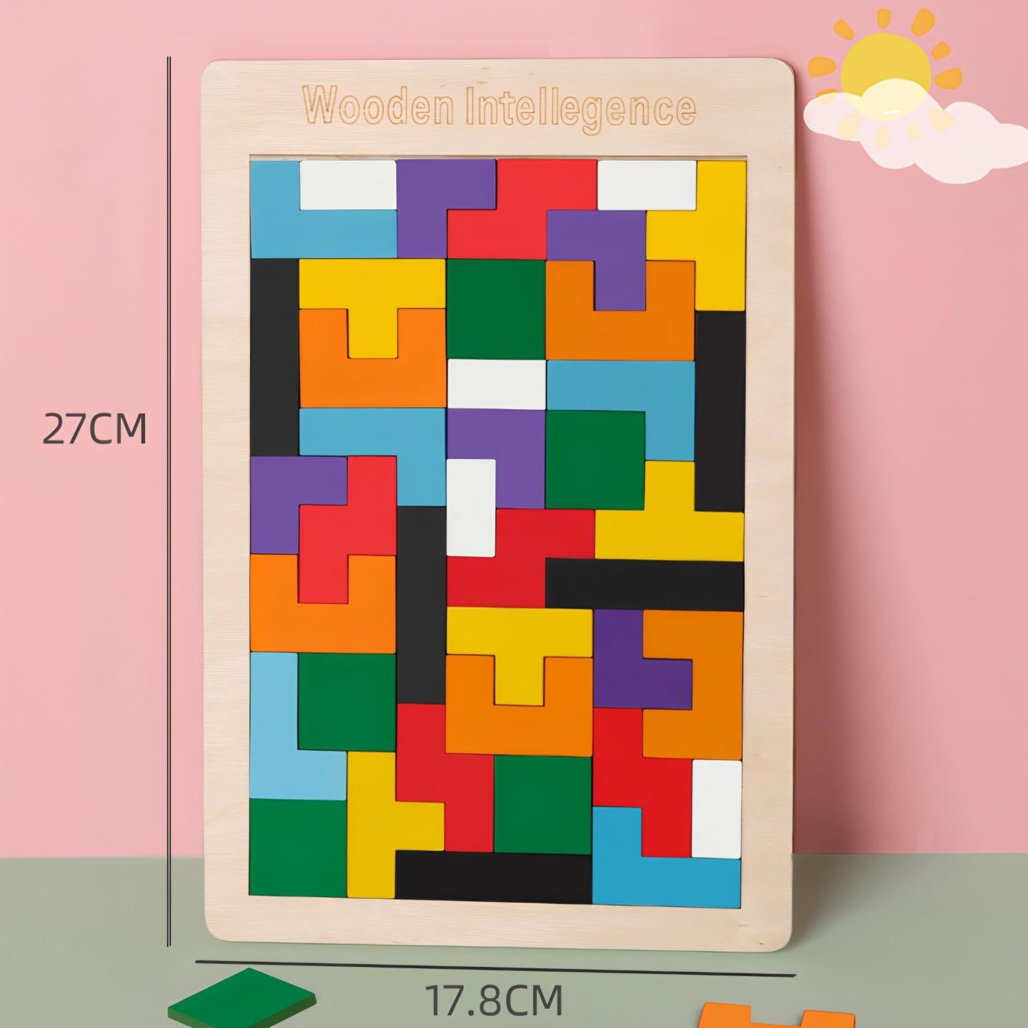 4 Pack Wooden Puzzle Set – Tangram, Hexagon, Russian Blocks & Tic Tac Toe, Brain Teaser Logic Games, Montessori STEM Toys for Kids & Adults