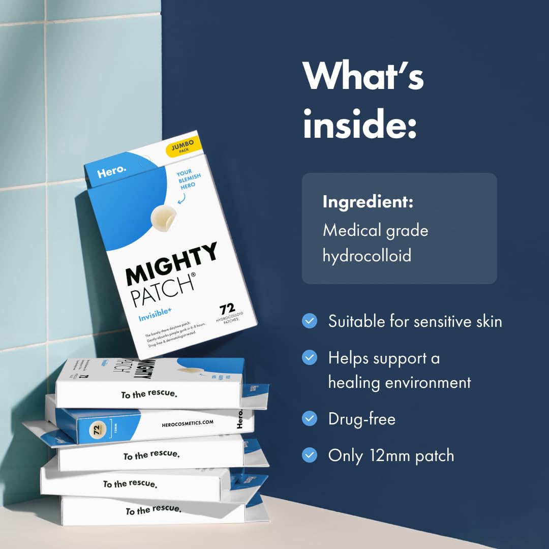 Mighty Patch™ Invisible+ Daytime Hydrocolloid Acne Patch – Covers Zits & Blemishes, Skin-Blending Tapered Edges, 72ct