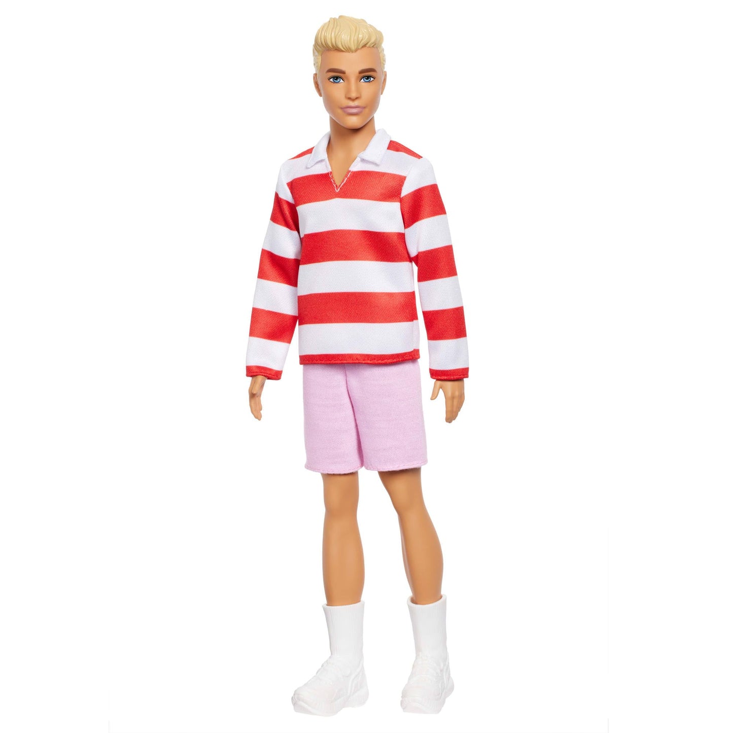 Barbie Fashionistas Ken Doll #241 with Blonde Hair Wearing Red and White Striped Polo Shirt with Pink Shorts, White Crew Socks and Sneakers
