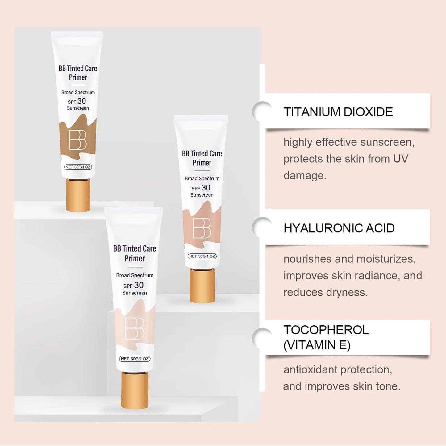 BB Tinted Moisturizer SPF 30 with Brush – Full Coverage Primer for Light/Medium Skin, Moisturizes & Smooths (Natural*1)