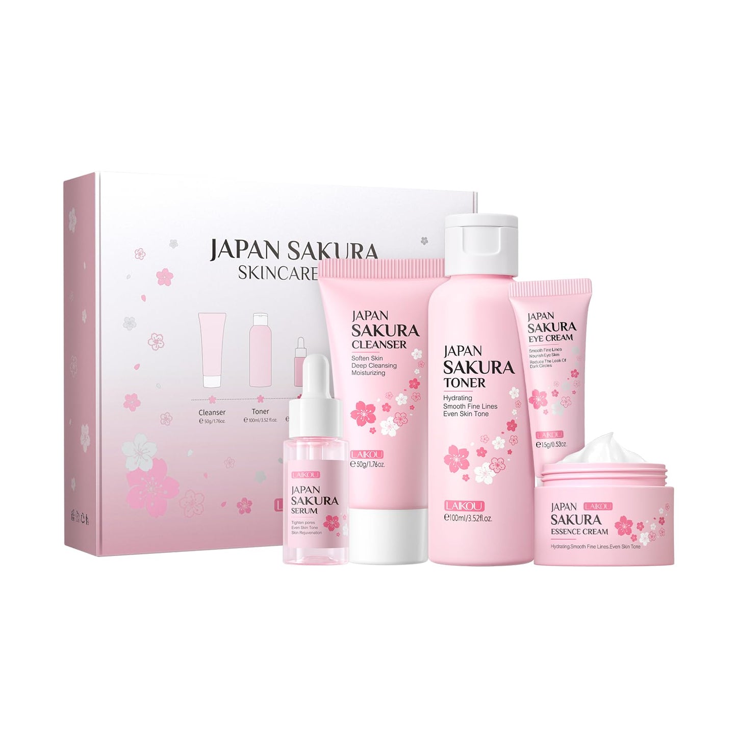 LAIKOU Japan Sakura Skin Care Set for Women – 5 Pcs Travel Beauty Kit with Cleanser, Toner, Serum, Eye & Face Cream – Gift for Mom, Teen Girls