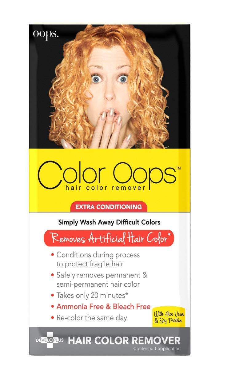 Color Oops hair color remover packaging with a woman showing her teeth.