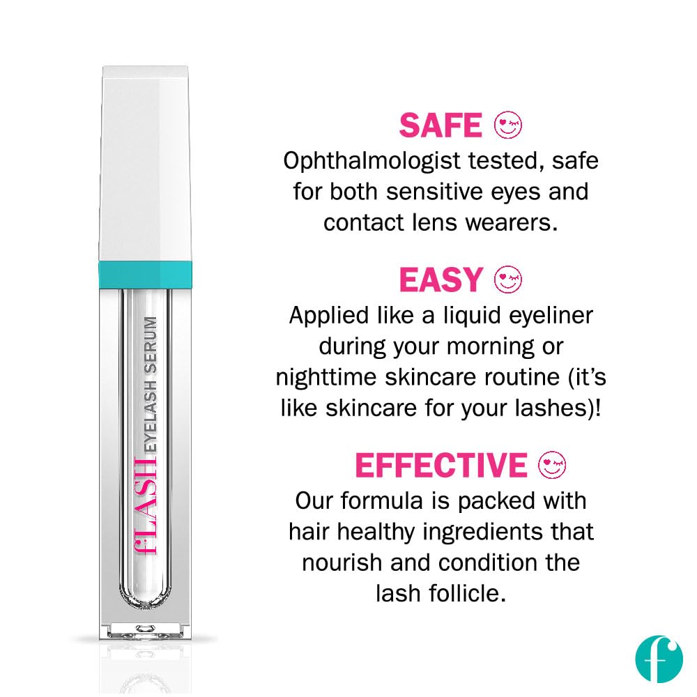 FLASH Eyelash Serum for Longer, Curled Lashes – Strengthens & Enhances, Safe for Sensitive Eyes & Contact Wearers, 2mL, 3-Month Supply