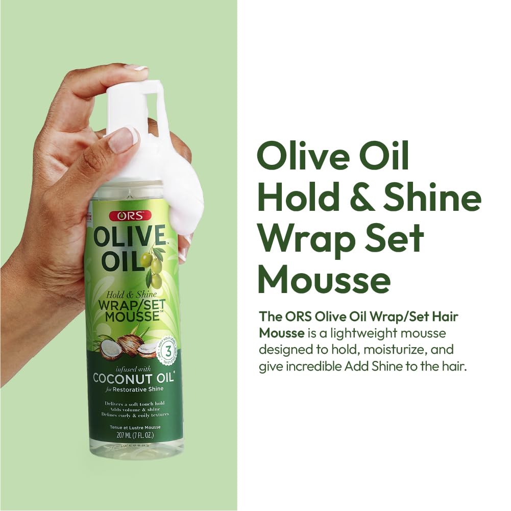 ORS Olive Oil Hold & Shine Wrap Set Mousse Infused with Coconut Oil for Restorative Shine 7 Ounce
