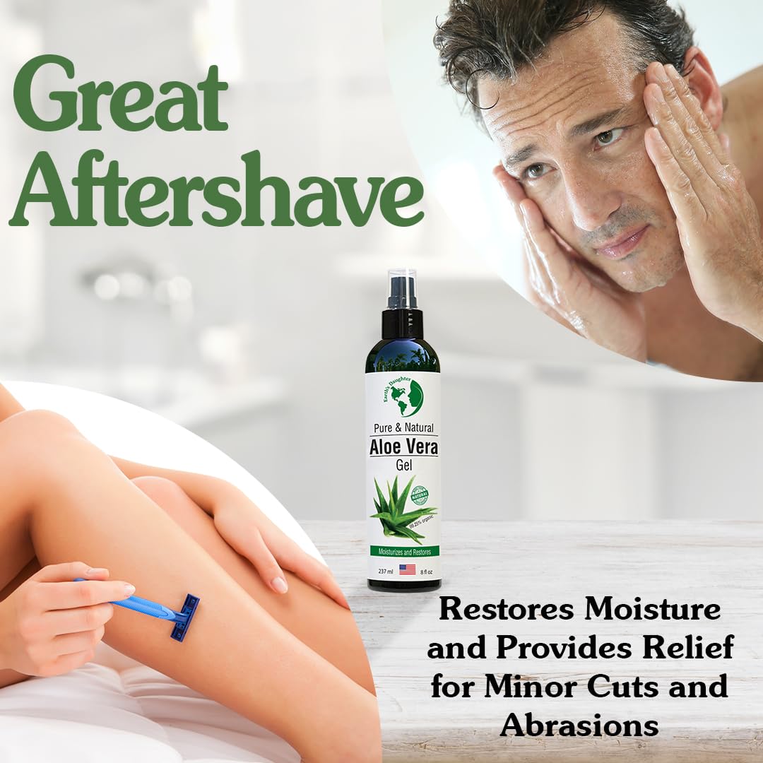 Earth's Daughter Organic Aloe Vera Gel, 100% Pure Cold-Pressed - Soothes Face, Hair, Acne, Sunburn, Bug Bites, Rashes & Eczema, 8oz