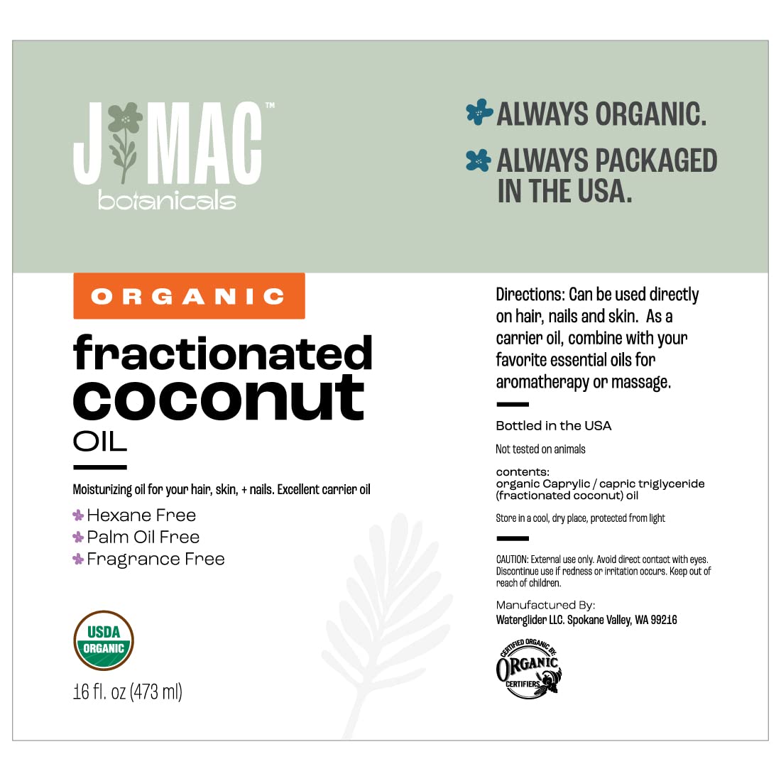 J MAC BOTANICALS Organic Fractionated Coconut Oil 16oz – Carrier Oil for Essential Oils, Hair, Skin & Massage, Leave-In Conditioner