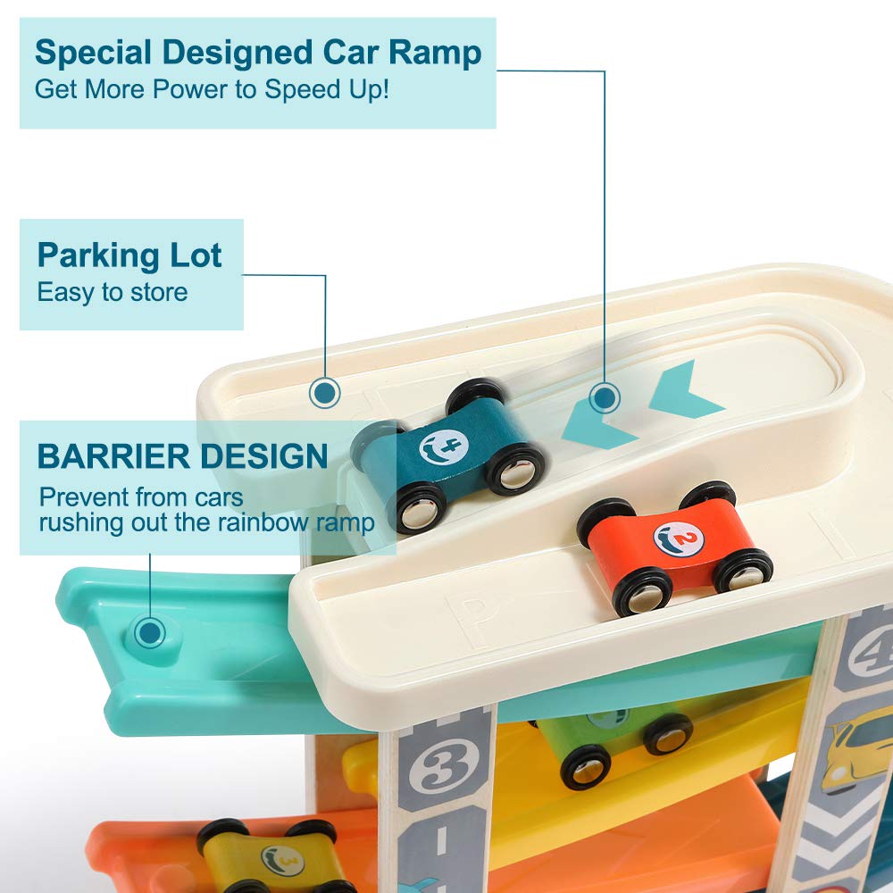 TOP Bright Wooden Toddler Race Track & Car Ramp Toys for 1-2 Year Olds with 4 Mini Cars and Garage – Motor Skills Playset