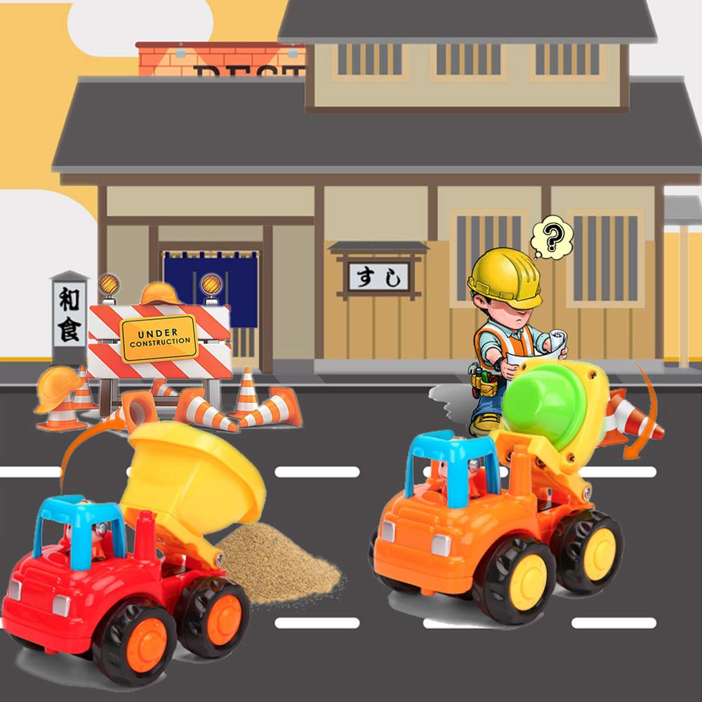 Friction Powered Cars Push & Go Construction Vehicle Toy Set with Tractor, Bulldozer, Dump Truck & Cement Mixer for Toddlers & Boys Gifts