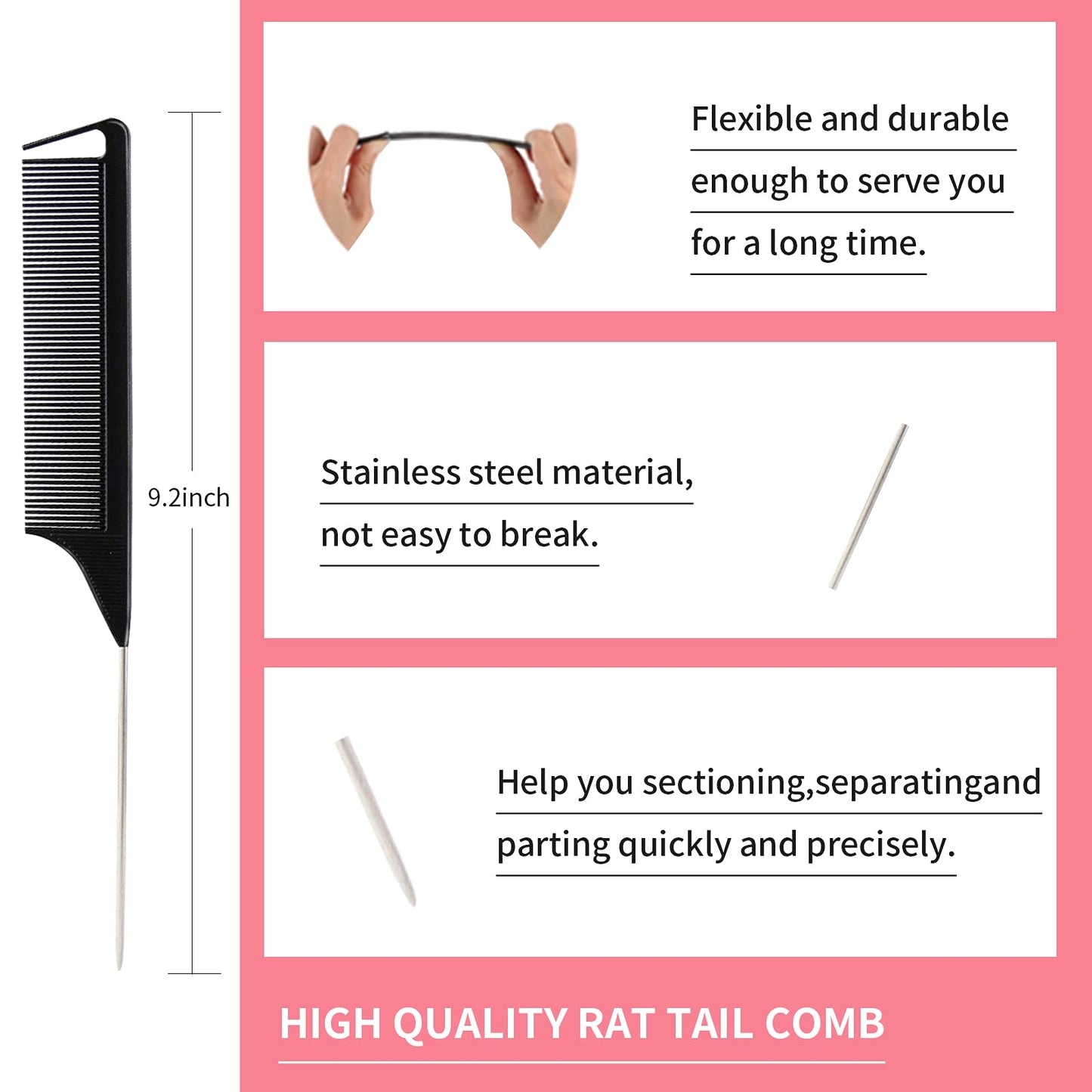 3 Pieces Hair Styling Comb Set Teasing Brush Rat Tail Comb Edge Brush for Edge&Back Brushing, Combing, Slicking Hair for Women (Black)