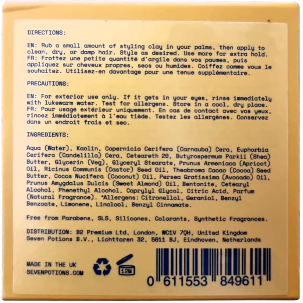 SEVEN POTIONS Hair Clay for Men & Women 3.4 fl oz | High Hold, No Shine Pomade | Water-Based, Natural, Vegan & Cruelty-Free Styling Clay