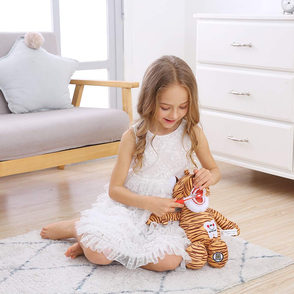 YOUYA DENTAL Tooth Fairy Puppet – Striped Tiger Educational Plush Doll with Teeth for Kids, Oral Health Teaching Toy
