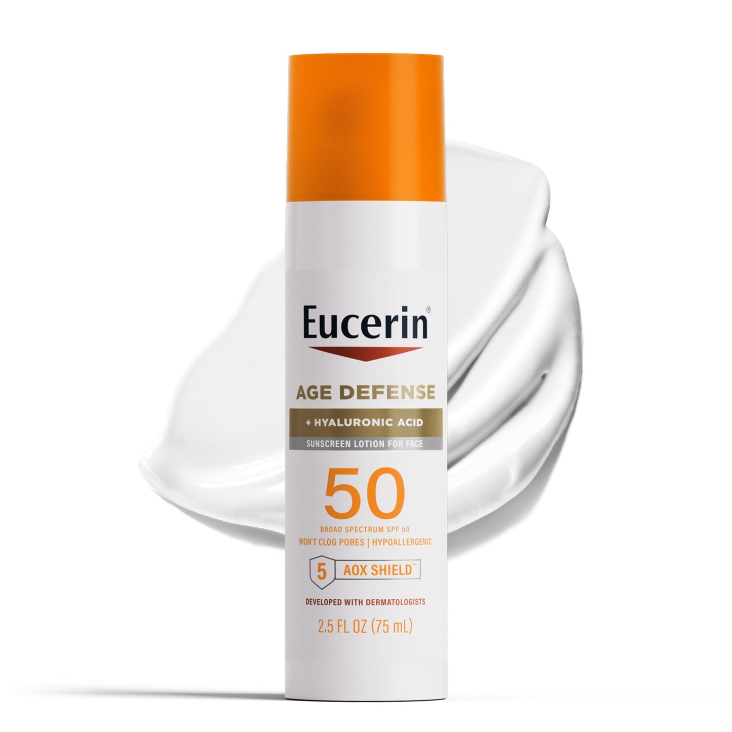 Eucerin Sun Age Defense Face Sunscreen SPF 50 with Hyaluronic Acid, Hypoallergenic, Non-Comedogenic, Fragrance & Oxybenzone Free, 2.5 fl oz