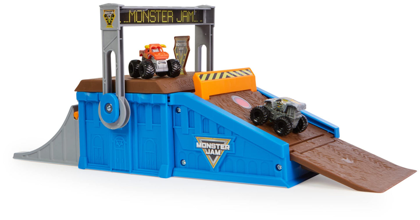 Monster Jam Mini Freestyle Flip Arena Playset and Storage with 2 Mini Trucks, Kids Toys for Boys and Girls Ages 3 and up