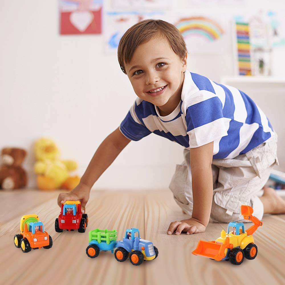 Coogam 4-Pack Friction Powered Construction Vehicles Toy Set – Push & Go Tractor, Bulldozer, Cement Mixer & Dumper for Kids