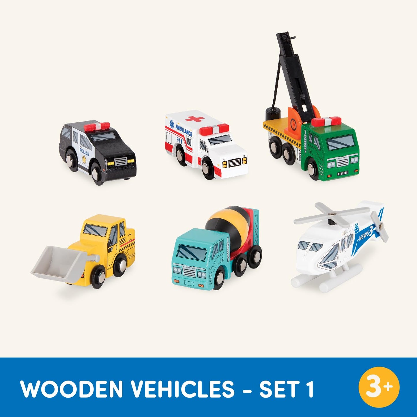 Battat – Miniature Toy Cars – 6 Wooden Minis – Classic Wooden Toys – Mini Ambulance, Cement Truck – 3 Years + – Wooden Vehicles - Set 1