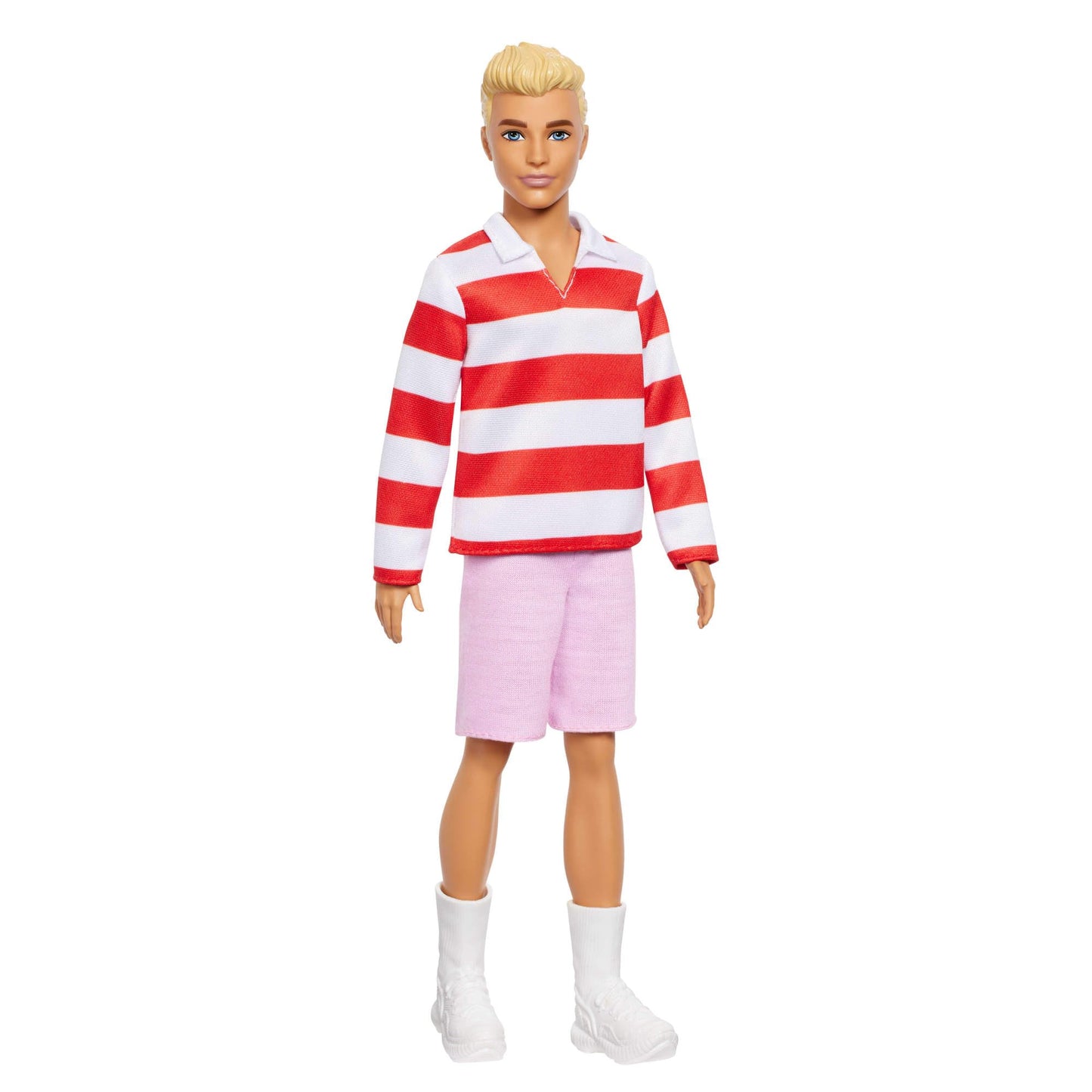 Barbie Fashionistas Ken Doll #241 with Blonde Hair Wearing Red and White Striped Polo Shirt with Pink Shorts, White Crew Socks and Sneakers