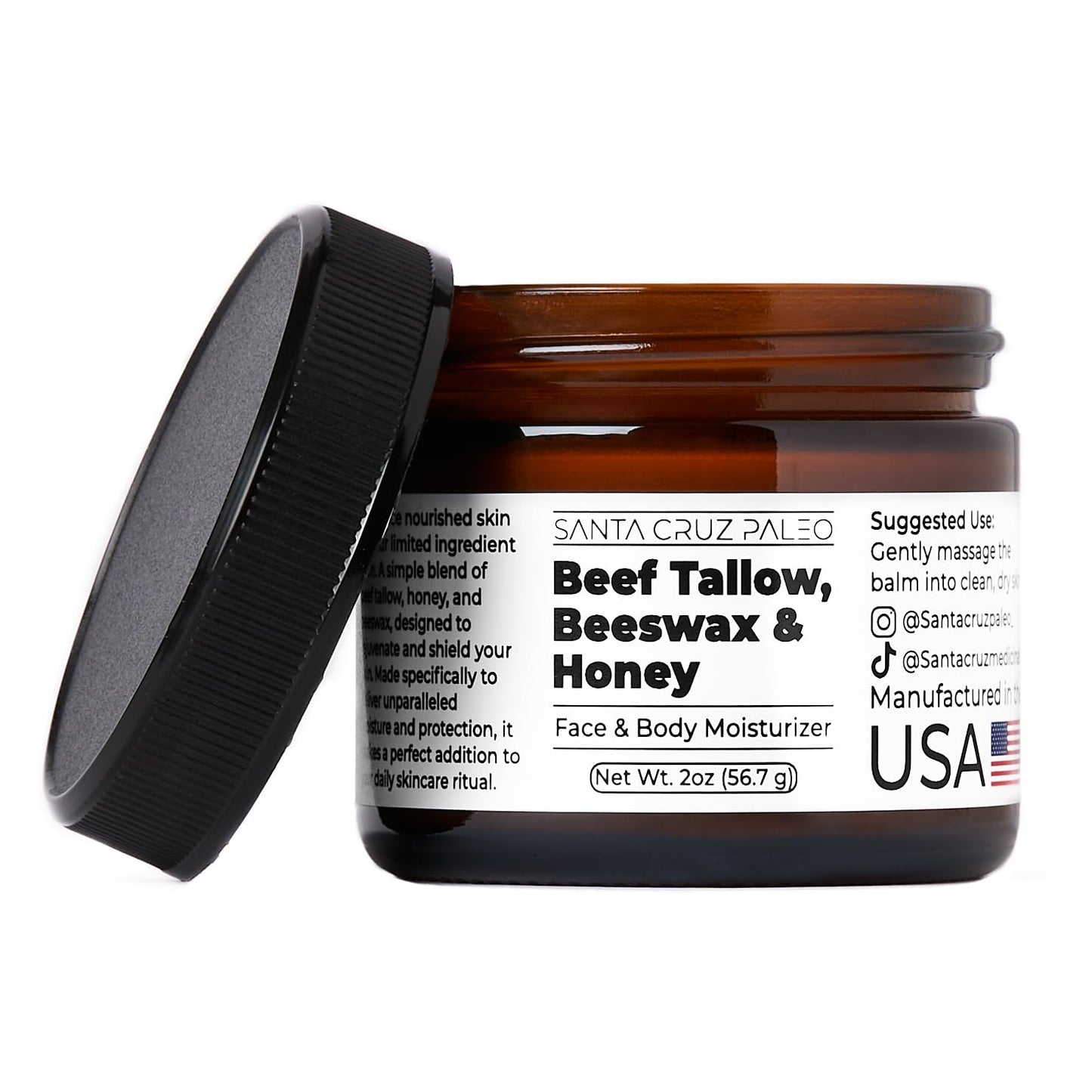 Santa Cruz Paleo Beef Tallow & Honey Balm – Grass-Fed Moisturizer for Face & Body, Organic Beeswax & Honey, Light Scent, 2oz