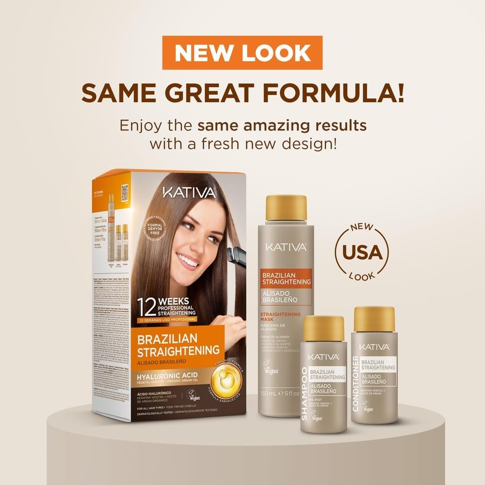 Kativa Brazilian Straightening Kit Pack of 2 – 12 Weeks Professional Hair Straightening with Argan Oil, Shea Butter, Keratin & Amino Acids