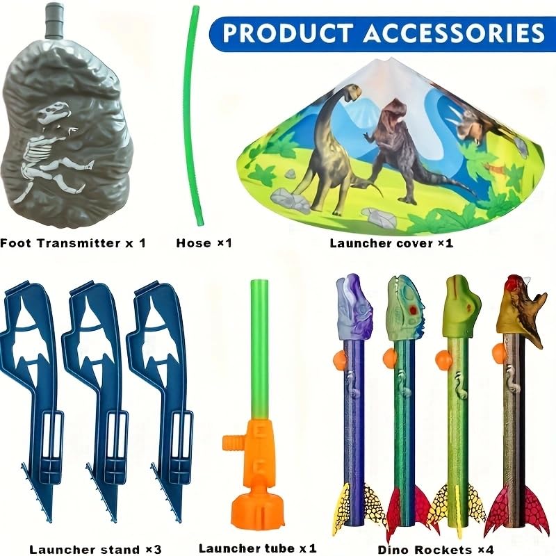 Topnradym Dinosaur Rocket Launcher, 6 Dinosaur Foam Rockets, Launch up to 100 ft, Family Fun, Birthdays, Gift