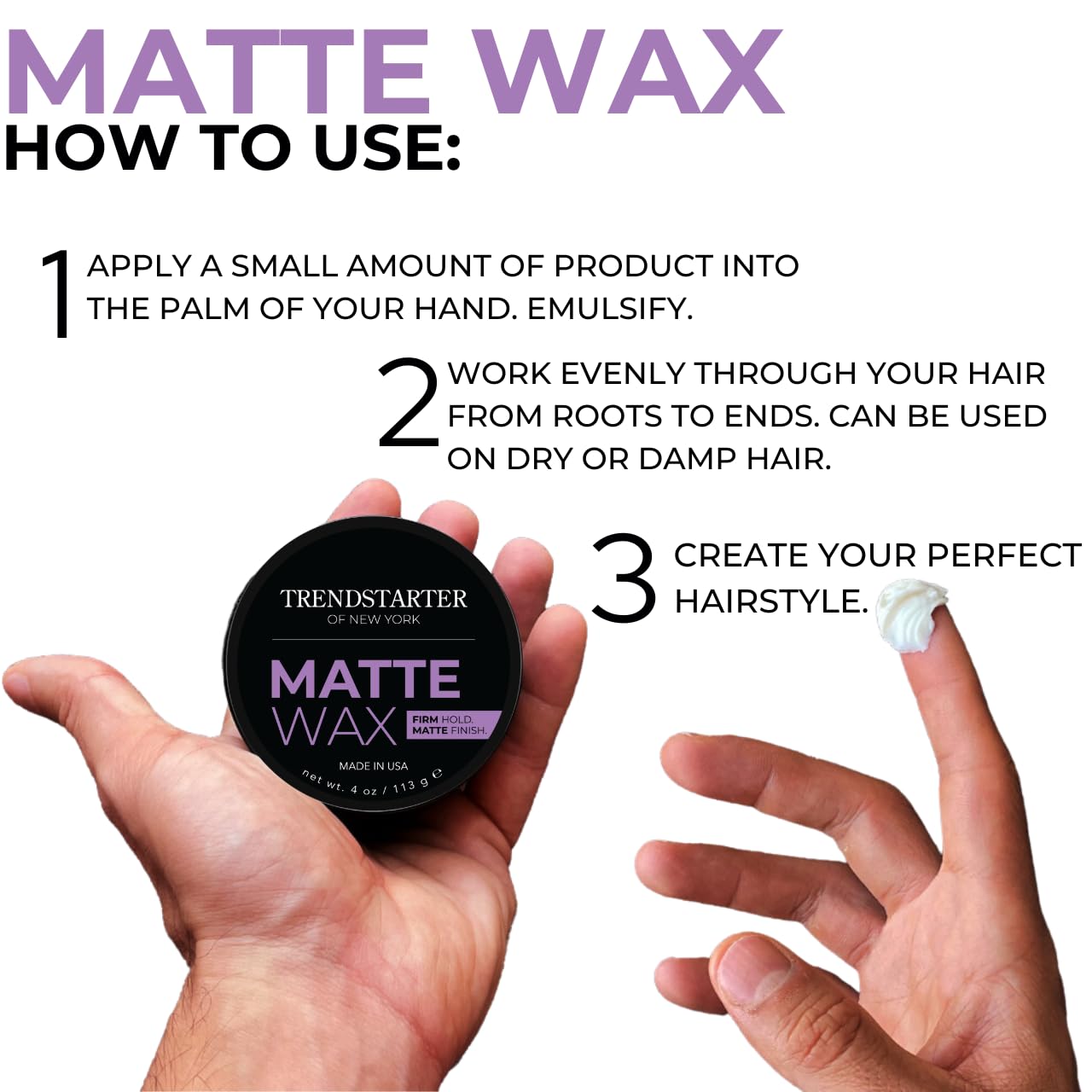TRENDSTARTER Matte Wax 4oz – Firm Hold, Matte Finish, Water-Based Hair Styling Pomade – All-Day, Flake-Free Wax for All Hair Types