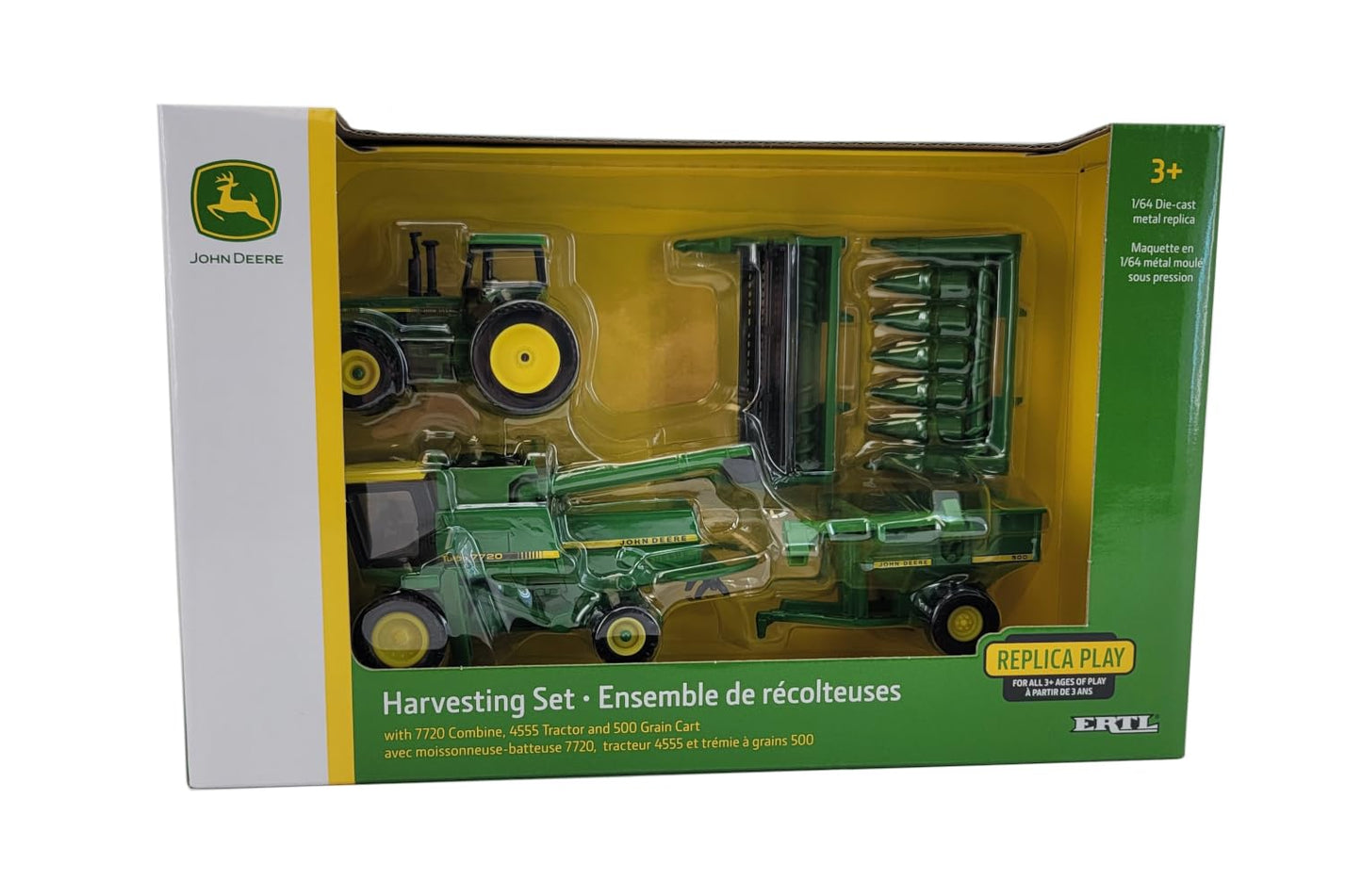 John Deere 1/64 Scale 5 pc Harvesting Set 4555 Tractor, 7720 Combine w/2 Heads, 500 Grain Cart