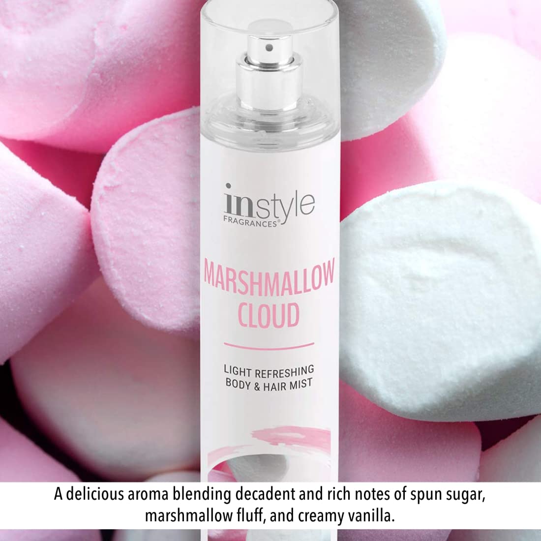 Instyle Fragrances Body & Hair Mist – Marshmallow Cloud Scent, With Panthenol, CLEAN, Vegan, Paraben & Phthalate Free, Premium 8 Fl Oz Spray