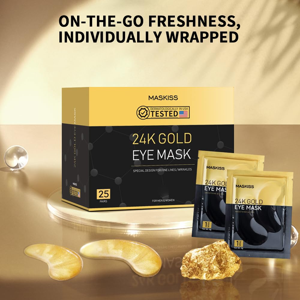 Maskiss 24K Gold Under Eye Patches (25 Pairs) – Collagen Eye Mask for Dark Circles, Puffy Eyes & Wrinkles, Hydrating Under Eye Skincare Treatment