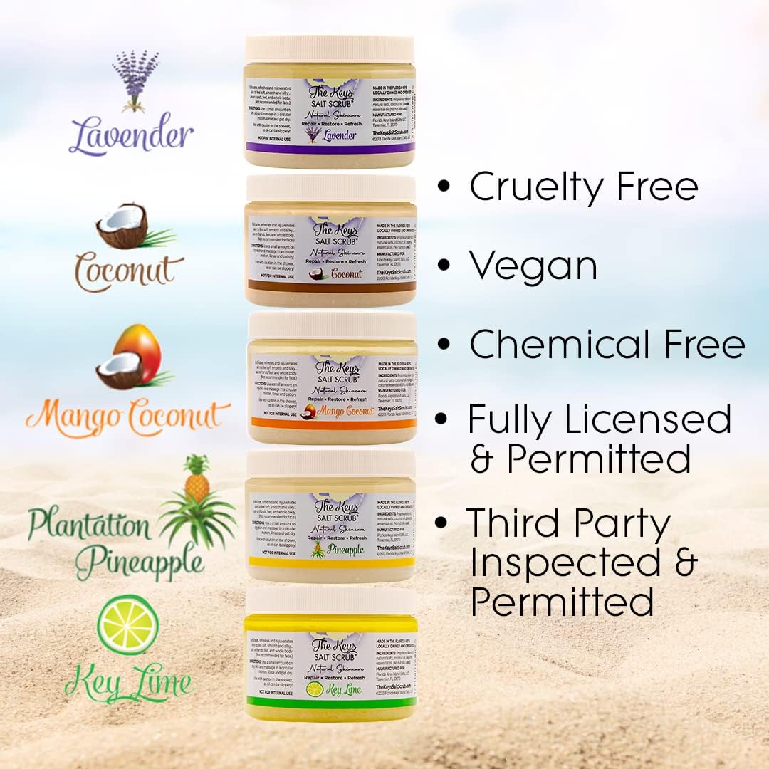 The Keys Sea Salt Scrub – Exfoliating & Moisturizing Body Scrub with Wooden Spoon for Hands, Feet & Bath, Coconut Scent, 3.4 oz