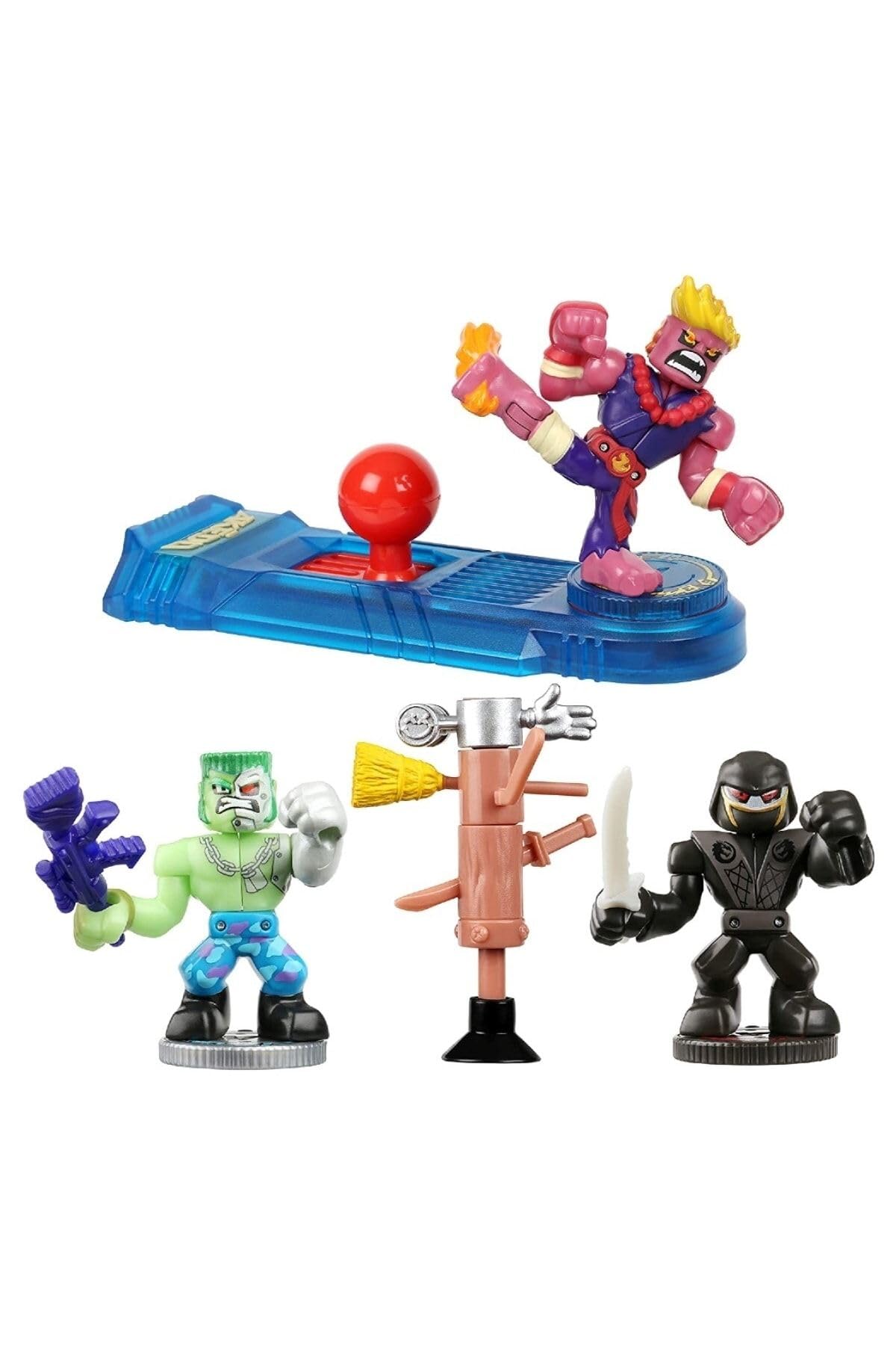 Set of colorful action figures with a blue launch pad on a white background