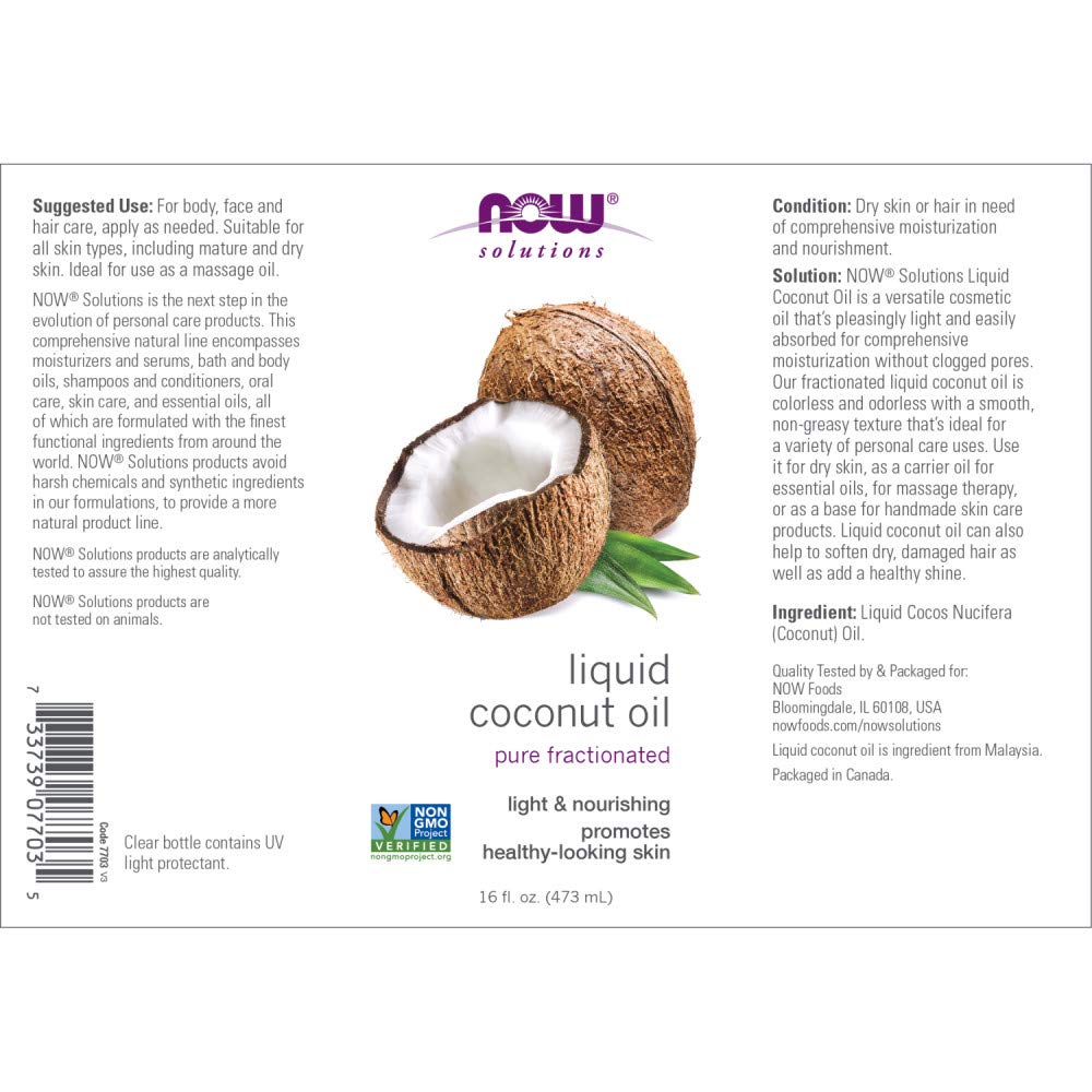 NOW Foods Solutions, Liquid Coconut Oil, Light and Nourishing, Promotes Healthy-Looking Skin and Hair, 16-Ounce