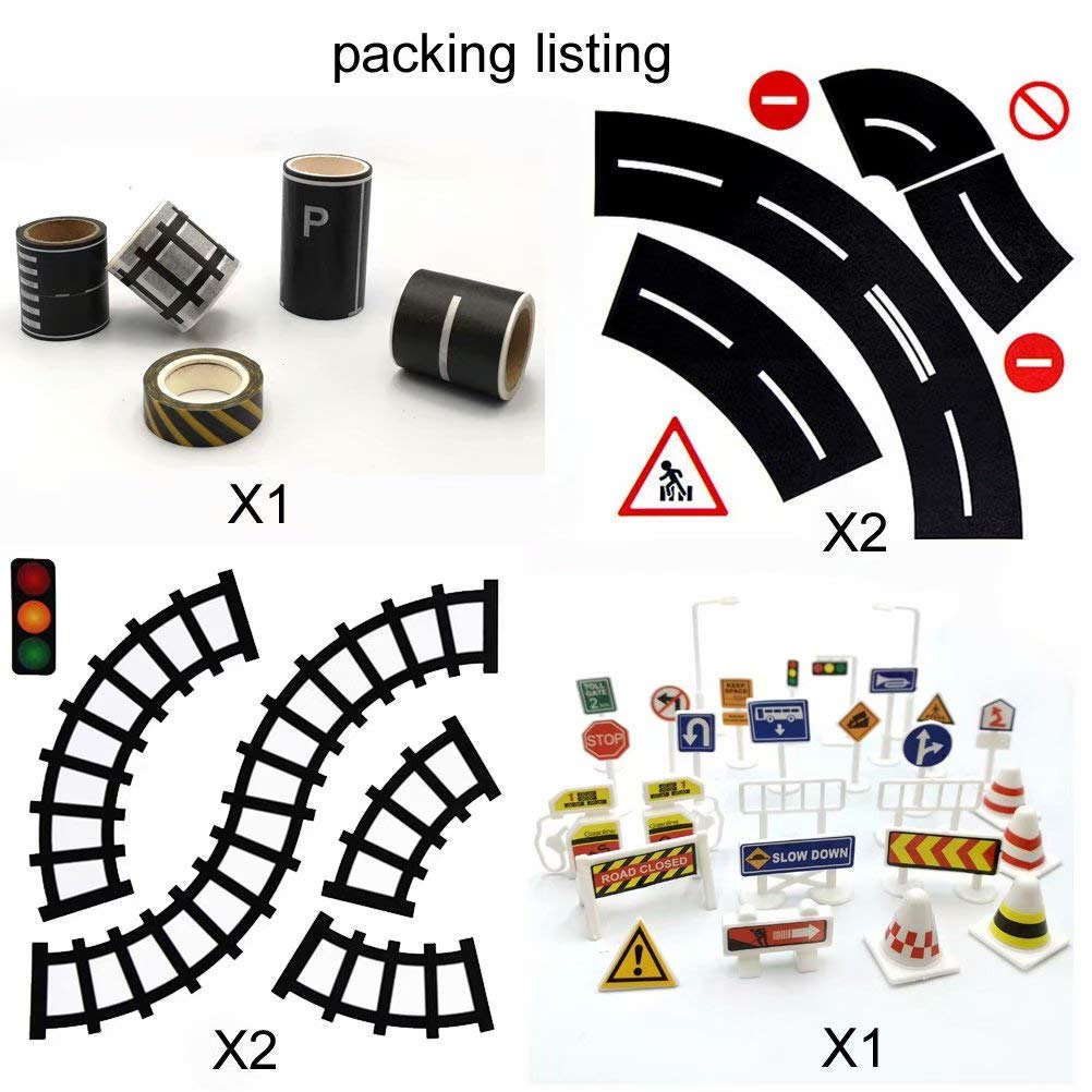 Road Tape for Toy Cars & Trains, 3 Rolls 197" x 1.9" with Traffic Signs, Stick to Floors & Walls, Easy Cleanup, Kids Play Gift