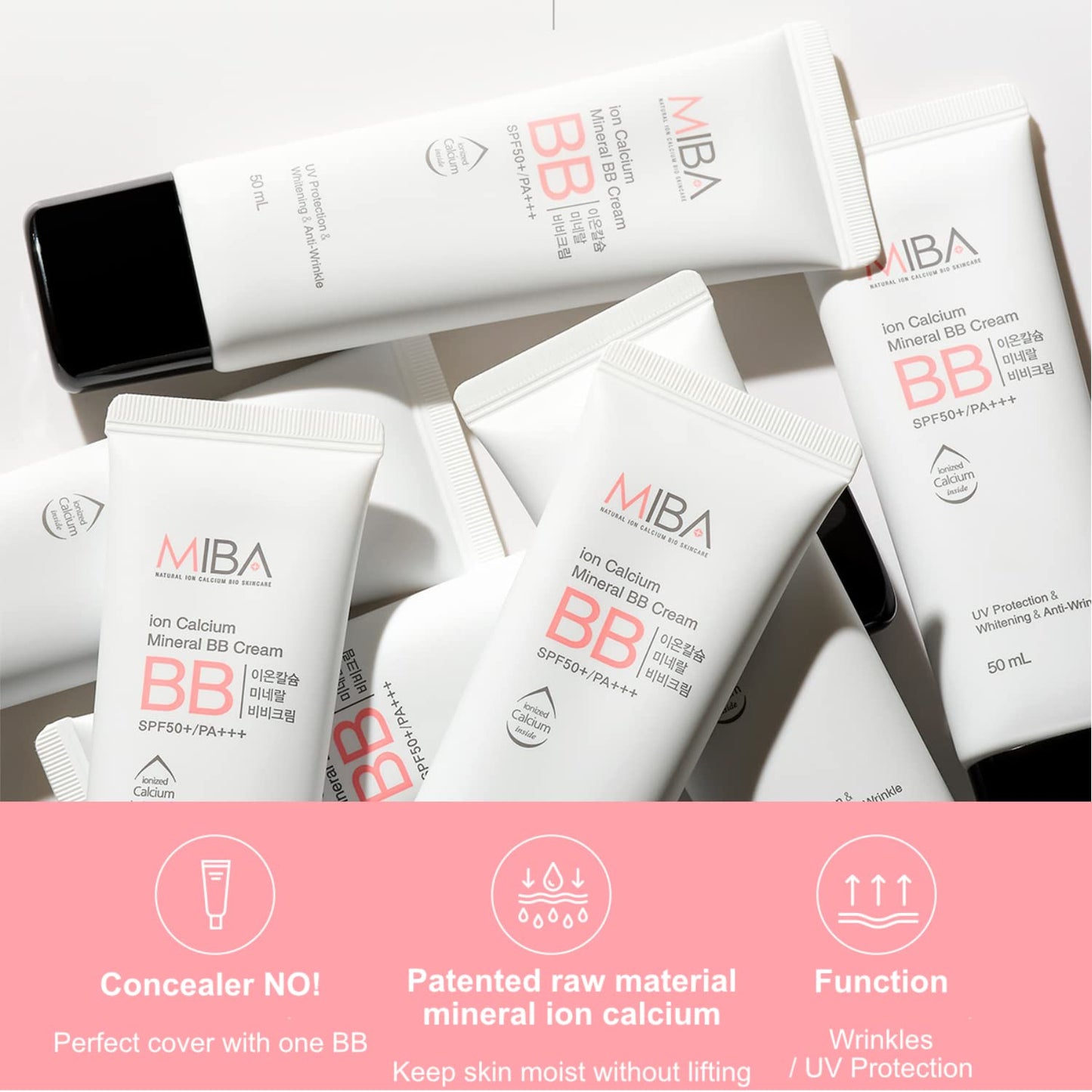 MIBA Ion Calcium Mineral BB Cream 50ml – Lightweight, Full Coverage, Long-Lasting, Mineral-Rich, Minimal Chemicals